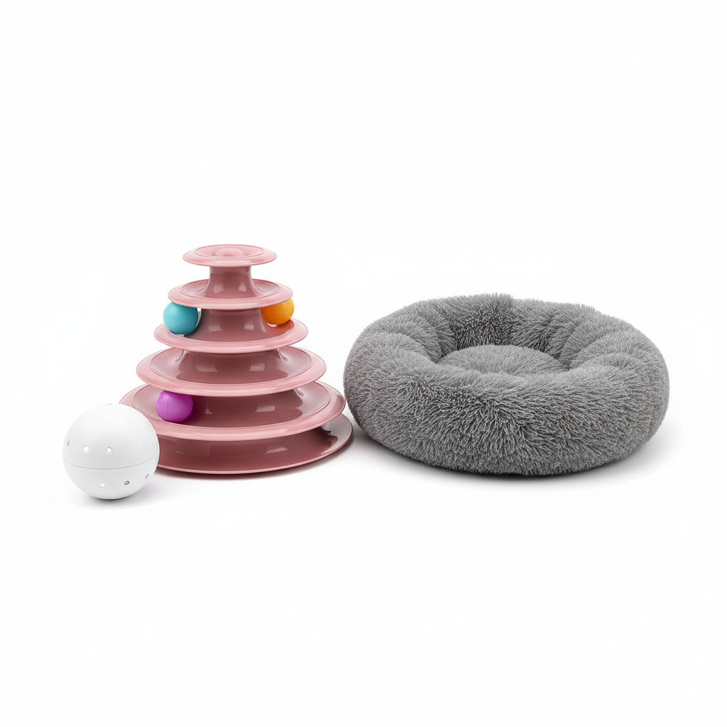 Cat Play and Cozy Bed Set bundle - interactive toy tower with plush comfort bed for indoor cats by Sablelinna Pet Palace