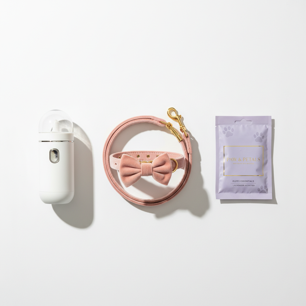 Puppy Starter Pack velvet collar leash water dispenser and biodegradable waste bags by Sablelinna's Pet Palace