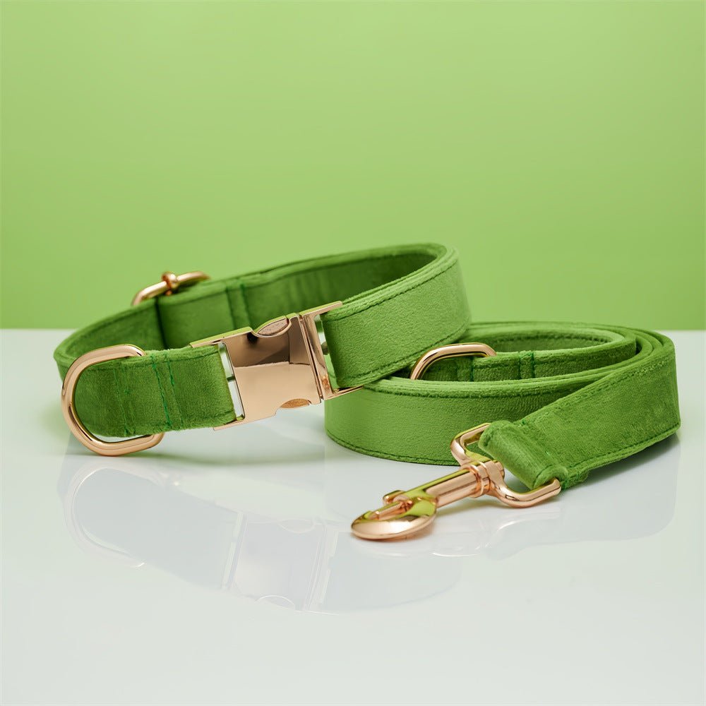 Multiple Colour Velvet Personalise Dog Collar Leash Set With Bow - Sablelinna's Pet Palace